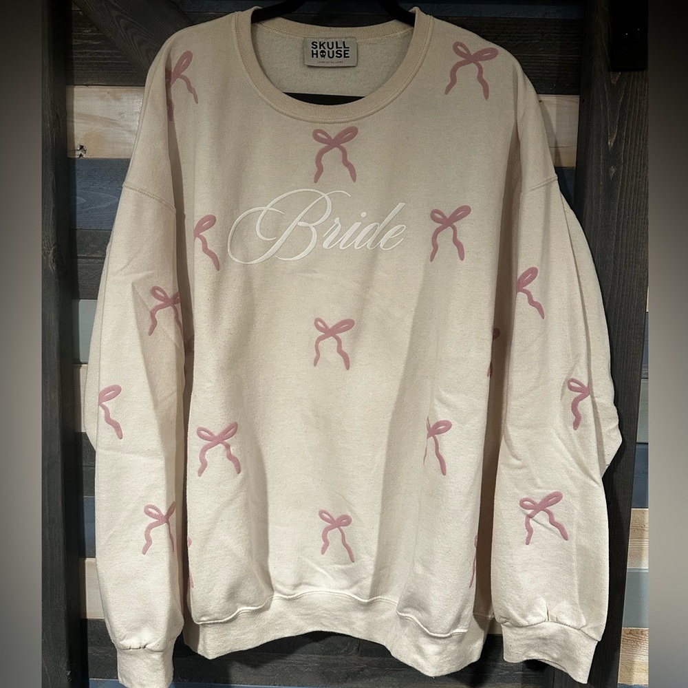Cream Bride Sweatshirt with Pink Bow Accents